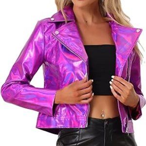 Allegra K Metallic Jacket for Women's Biker Shiny Holographic Jacket